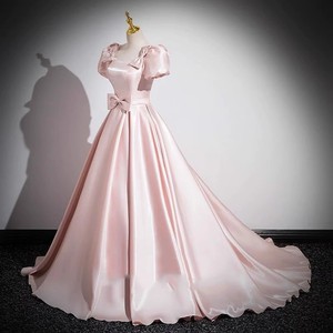 Pink French Satin Evening Gown Square Collar Empire Waist Long Skirt Candy Color Fashion Dress For Ceremony Banquet Runway - Product Image 2