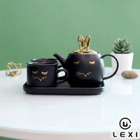 Ensemble théière en céramique mignon en forme de lapin avec tasses assorties et plateau en bois pour les enfants, cadeau pour fête du thé, décoration de la maison