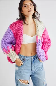 VSCOO Top Women Lantern Sleeve Cardigan Handmade Crochet Chunky Knit Corp Top Colorful Sweater