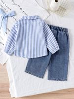 Ensemble deux pièces style européen et américain pour enfants printemps-automne - Chemise rayée à manches longues + Pantalon en jean uni pour bébé