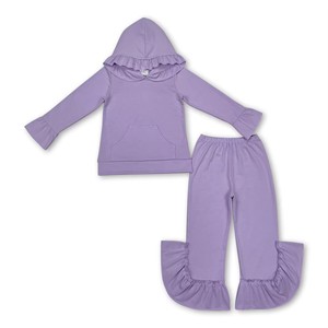 Wholesale <b>Toddler</b> Kids Girls 2pcs Solid Color Ruffle Long Sleeve <b>Hoodie</b> Top Pants Set Comfortable Cotton Outfits - Product Image 5