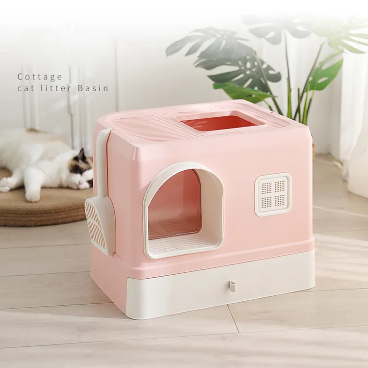 Wholesale pet toilet semi-closed high fence with scoop high quality light weight cat cat litter box