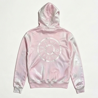 Sweat à capuche unisexe rose métallisé 100 % coton, style designer de luxe, coupe oversize, effet vieilli et déchiré, avec fermeture éclair argentée brillante, style streetwear