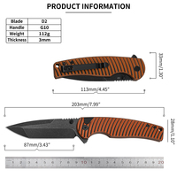 Couteau pliant tactique de survie en plein air EDC avec lame en acier D2, manche en G10, épaisseur de 3 mm, avec clip