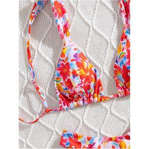 Conjunto de Bikini Triangular con Estampado Floral Personalizado para Mujer, Traje de Baño de Dos Piezas de Corte Alto con Cordón Ajustable, Halter Elástico de Spandex y Poliéster - Product Image 3