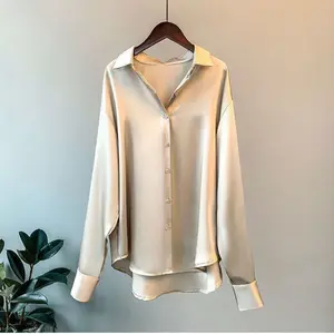 Amostra grátis de blusa de cetim para mulheres, blusa vintage de manga longa com gola virada para baixo, blusa para mulheres, tendência solta, frisa, de venda grátis