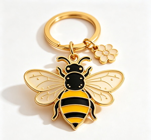 Enamel <b>Bee</b> Keychain Gold Tone Metal Key Ring Yellow Black Flower Charm <b>Gift</b> Accessory - Product Image 2