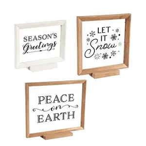 JUNJI Seasons Greeting Wood Framed Decor Set of 3 Personalized Holiday Decor Wood Sign with Stand