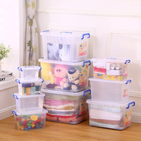 Boîte de rangement en plastique PP transparente de 19 L avec fermoirs bleus, poignée de transport, empilable, avec couvercle, pour vêtements, jouets, livres