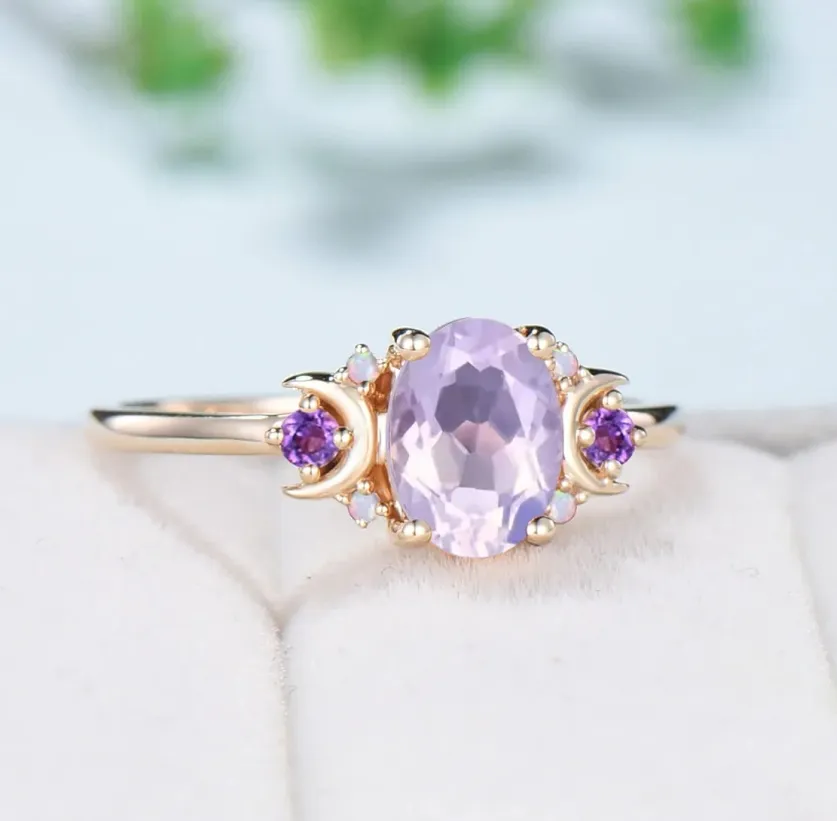 Vintage Lavender Amethyst Ring Unique Nature Inspired Purple Crystal Engagement Ring Cluster Opal Wedding Ring For Women