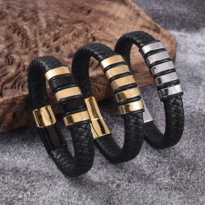 Stylish Men's <b>Leather</b> Wristband With Magnetic Clasp | Braided <b>Leather</b> <b>Bracelet</b> with Gold Black or Silver Stainless Steel Accents - Product Image 2