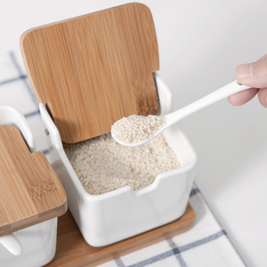 Jarra cuadrada de cerámica blanca para cocina, tarro de especias de azúcar y sal con tapa de bambú, bandeja, juego de etiquetas, 11oz, venta al por mayor - Product Image 2