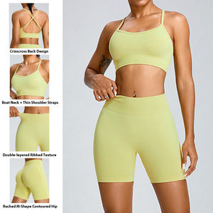 Ensemble de fitness pour femme : Soutien-gorge de sport et de yoga sans coutures à dos croisé réglable avec coussinets amovibles et short de yoga taille haute à séchage rapide et effet push-up - Product Image 2
