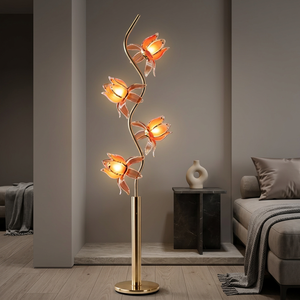 Lámpara de Pie Decorativa de Loto para Villa, Diseño Artístico con 4 Cabezas de Flor, Lámpara LED con Base Redonda Dorada - Product Image 1