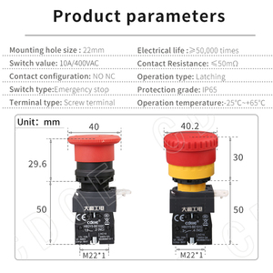 Y5 loạt IP65 không thấm nước màu đỏ 22mm chuyển 1no1nc Nút dừng khẩn cấp với 10A tối đa hiện tại cho hộp điều khiển công suất - Product Image 3