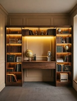 Bibliothèque murale sur mesure de luxe avec bureau intégré et éclairage LED - Solution de rangement moderne et minimaliste pour bureau à domicile