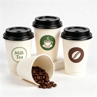 Herbruikbare 8oz Kraft papieren beker met dubbele wand en aangepaste logo-opdruk voor cafe, warme koffie, thee en afhaal dranken.