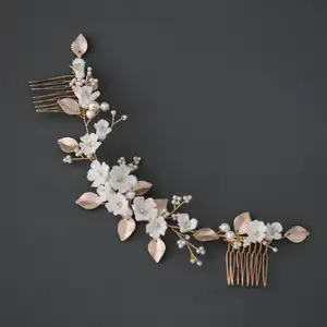 Ins Style Clay Flower Leaf Crystal Chain Wedding Headdress Hair Accessory Bridal Hair Comb