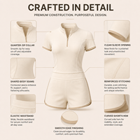 Ensemble deux pièces sportif beige pour femme avec bordure contrastante et demi-fermeture éclair, coupe ajustée personnalisée, tenue athlétique décontractée, vente en gros