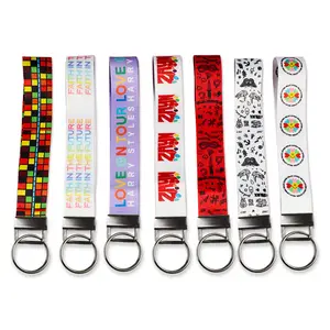 Custom polyester fabric keychain printing short lanyard polyester wrist lanyard woven keyring