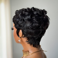 Perruques Bouclées Sans Colle avec Frange, Cheveux Humains Vierges Brésiliens Ondulés Naturels Noirs, Perruques Coupe Pixie Sans Dentelle pour Femmes