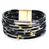 Bracelet en cuir multicouche créatif fait à la main, imprimé léopard, bracelets à manchette tendance avec boucle magnétique
