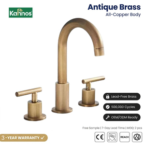 Villa Luxury Antique Brass Basin Faucet Three Hole Widespread Dual Handle Hot Cold Water Mixer <b>Deck</b> Mounted Classic Vintage - Product Image 1