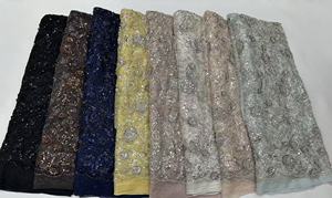 Tela de encaje floral 3D vintage K/C con cuentas y <span class=keywords><strong>lentejuelas</strong></span> de malla de peso medio para vestido de noche de boda africano Aso Ebi Dubai - Product Image 2