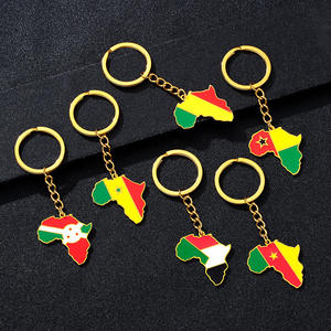 Porte-clés en acier inoxydable plaqué or 18 carats avec drapeau de pays africain, carte des pays africains, pendentif drapeau, chaîne de porte-clés - Product Image 1