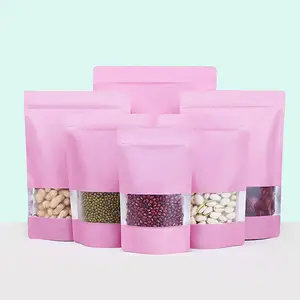 定制立起袋带拉链开窗可重复使用的粉红色咖啡袋铝箔休闲食品包装三边密封袋