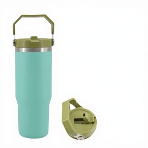 Taza de Viaje Aislada al Vacío de 30 oz con Logotipo Personalizado, Color Cian, Tapa Abatible para Vaso de Acero Inoxidable, Asa Superior, Tapas Antiderrames, Ecológica - Product Image 1