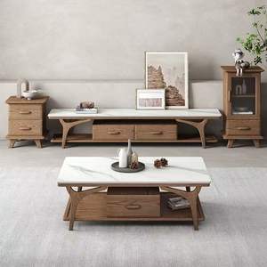 Mesa de centro y mueble para TV de madera maciza de estilo nórdico, combinación moderna minimalista de mármol y madera de fresno, juego de sala de estar con almacenamiento. - Product Image 1