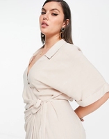 KY Wrap Around robes décontracté été pierre courbe lin propagation col manches courtes Wrap cravate côté robe mi-longue grande taille femmes