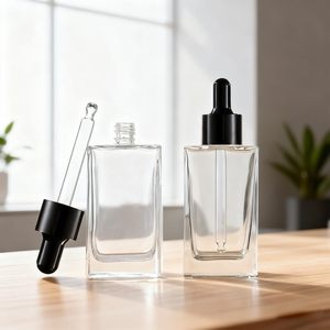 Flat square Rectangle Luxury 15ml 30ml 50ml 100ml Glass Dropper <b>Bottles</b> with Crystal clear Collar for Serum Essential Oil - Product Image 4