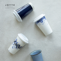 Tasse de voyage en céramique bleue et blanche avec couvercle étanche personnalisé JOYYE, glaçure réactive, mug à café en grès pour voiture