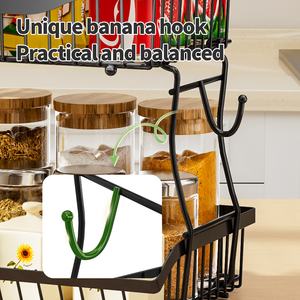 2 Tier Metal Mesh Wire Cozinha Vegetable Fruits <span class=keywords><strong>Basket</strong></span> Storage Rack Com Cabo De Madeira e Ganchos De Banana - Product Image 5