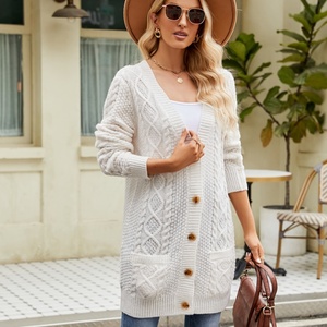 Suéter Largo Holgado Personalizado, Estilo Cárdigan <span class=keywords><strong>de</strong></span> Punto Trenzado, Color Sólido, Cuello en V, para Mujer, Colección Otoño Invierno - Product Image 2