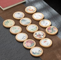 Sous-verre rond en céramique et bambou, personnalisé en usine, style rétro chinois, avec peinture de paysage, idéal pour le thé et comme dessous de plat