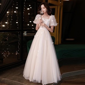 Champagne Bridesmaid Dress A-Line Square Collar Chiffon Empire Waistline Comfortable Adult Career Dress - Product Image 1