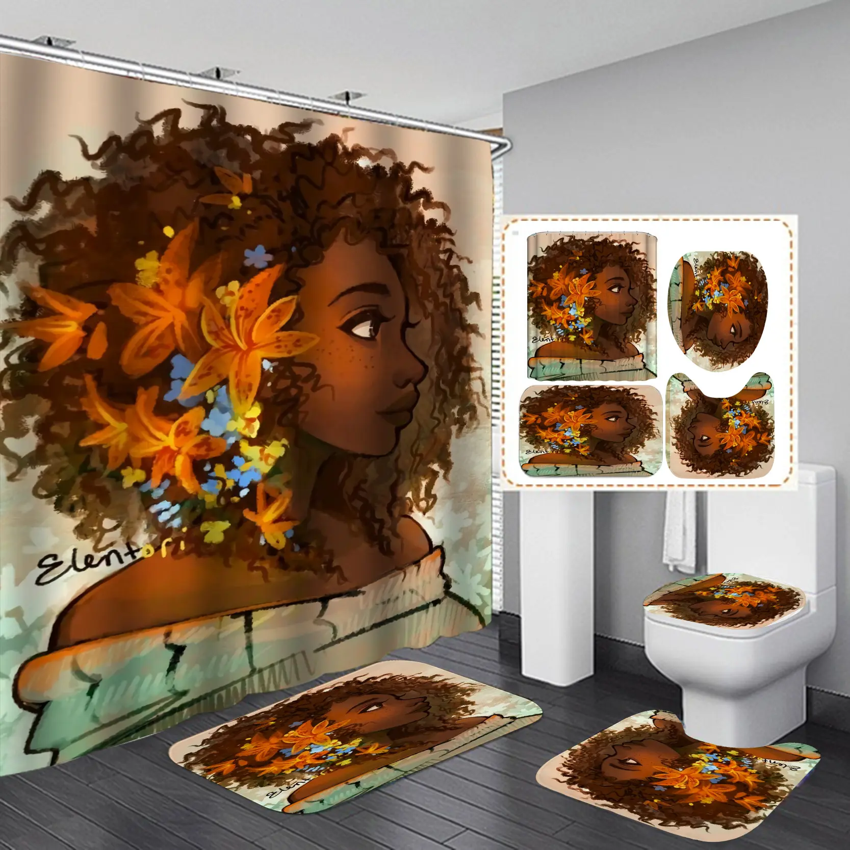 Popular Waterproof Fabric 3D Print Deco Black Women Art African American Style Bathroom Sets, Shower Curtain Set 4 Pieces