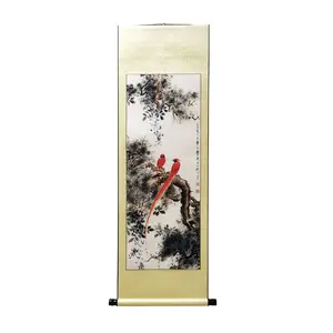 Quarto vintage Home Decor Red Birds chinês clássico montado cabide estilo chinês pendurado Scroll pintura