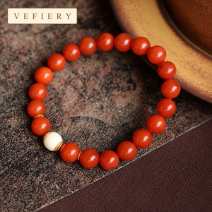 Pulsera Elástica de Cuentas Redondas de Ágata Roja Natural con Acento Tallado Blanco para Mujer, Joyería Personalizada al por Mayor - Product Image 4