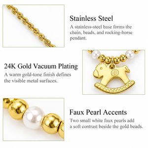 Collier pendentif cheval à bascule en acier inoxydable plaqué or 24 carats avec chaîne perlée et breloque imitation perle, unisexe, pour usage quotidien - Product Image 3