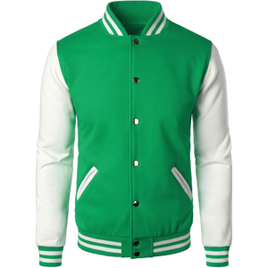 Men Green White Varsity Jacket Casual Style <b>Turn</b> down Collar <b>Button</b> Closure Solid Color Polyester Cotton Shell Regular Fit - Product Image 1