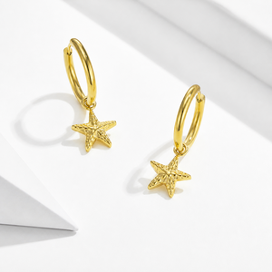 Pendientes de Aro con Forma de Estrella de Mar, Acero Inoxidable, Chapado en Oro de 14K al Vacío, Aros con Dijes de Estrella de Mar Texturizados - Product Image 1