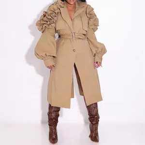 Classical Vintage Unique Solid Color Lacing Slim Loose Over Long England Elegant Fall Winter Ruffle trench coat women's jackets