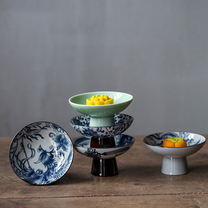 Assiette ronde à pied haut en porcelaine bleue et blanche de style rétro chinois, pour fruits, usage domestique, style luxueux - Product Image 4