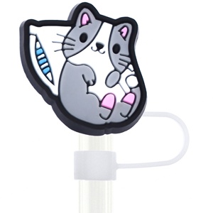 ฝาครอบหลอดดูดน้ำลายการ์ตูนแมวน่ารัก ขนาด 10 มม. ทำจากยางพลาสติกนิ่ม ใช้ซ้ำได้ รูปทรงสัตว์ สำหรับตกแต่งแก้วเครื่องดื่ม - Product Image 6