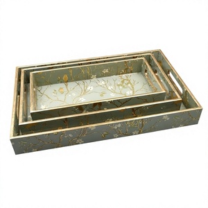 Rectangular Wood MDF Decorative <b>Tray</b> With Floral Pattern Blue And <b>Gold</b> Traditional Design Handle For <b>Serving</b> Or Display - Product Image 5