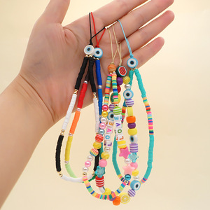 Breloques de téléphone, chaînes à perles, pendentifs pour sangle de téléphone portable, noir et blanc, argile polymère souple, bijoux de téléphone, cordon - Product Image 3